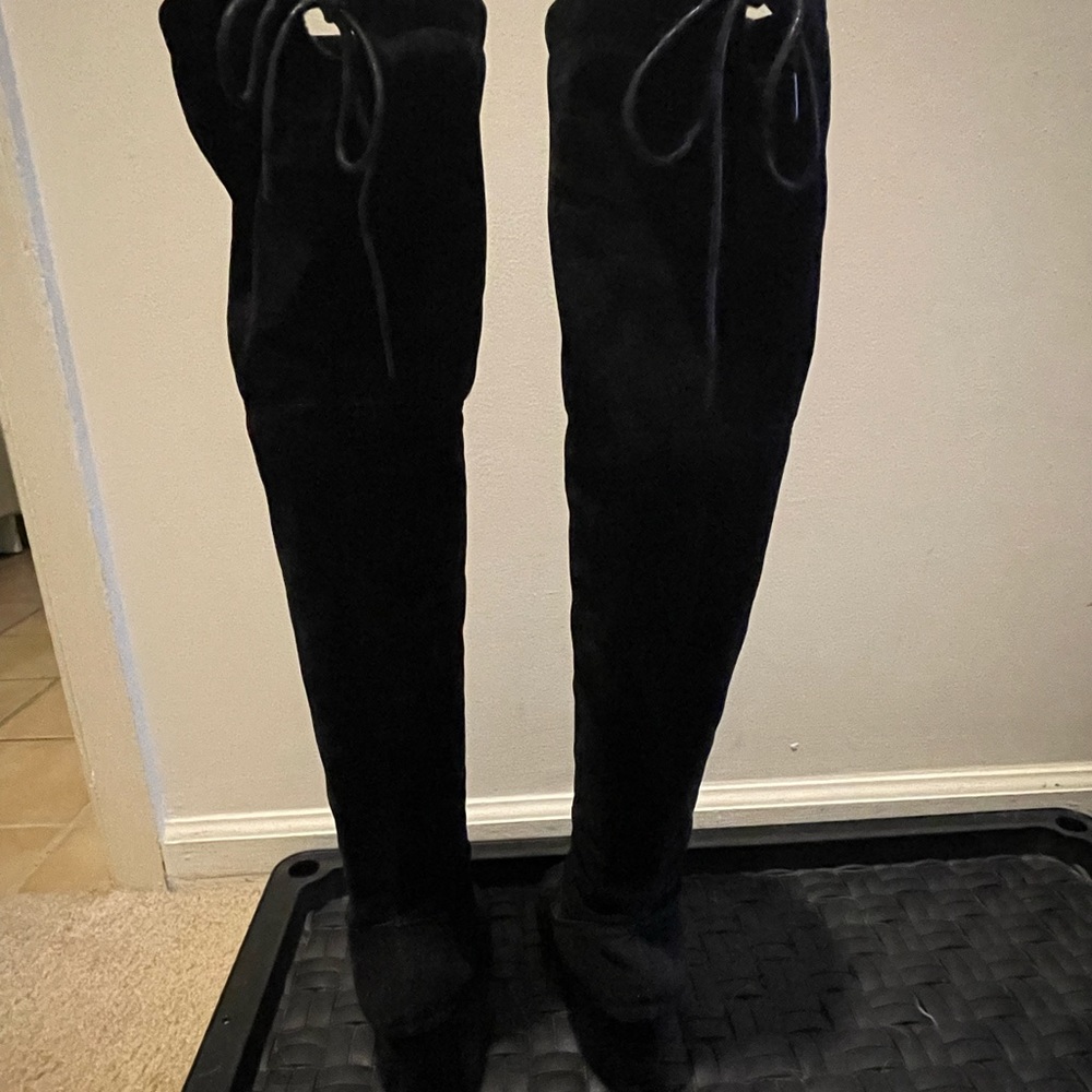Black suede over the knee lace back boots
